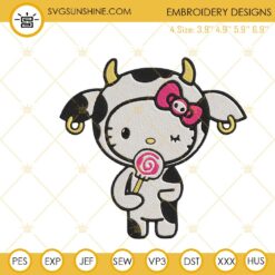 Hello Kitty Cow With Lollipop Embroidery Designs, Funny Kitty Cat Embroidery Files