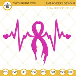 Pink Ribbon Heartbeat Embroidery Designs, Breast Cancer Awareness Embroidery Files