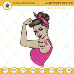 Pink Rosie Riveter Embroidery Designs, Breast Cancer Embroidery Files