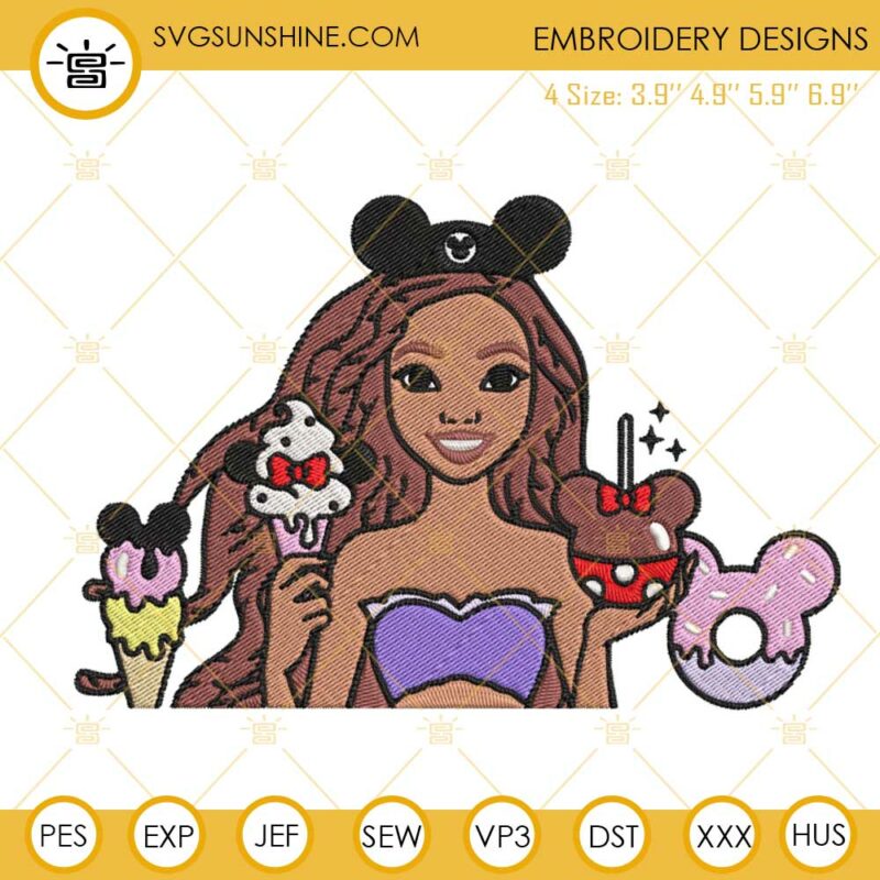 Princess Ariel With Disney Snacks Embroidery Designs, Little Mermaid