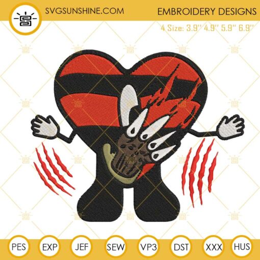 Bad Bunny Heart Freddy Krueger Embroidery Designs, Bad Bunny Halloween Embroidery Files