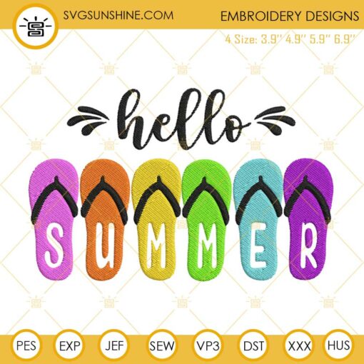 Hello Summer Flip Flops Embroidery Designs, Summer Beach Embroidery Files