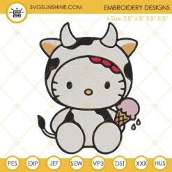 Hello Kitty Cow With Ice Cream Embroidery Designs, Cute Kitty Cat Summer Embroidery Files