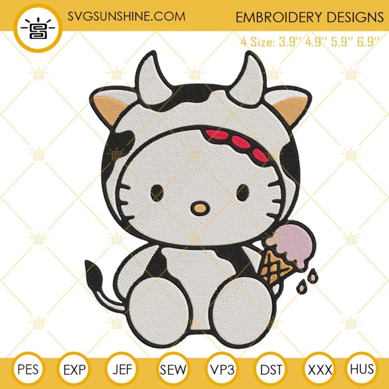 Hello Kitty Cow With Ice Cream Embroidery Designs Cute Kitty Cat Summer Embroidery Files