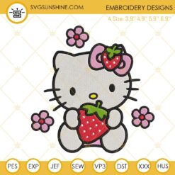 Hello Kitty Strawberry Embroidery Designs, Spring Kitty Cat Embroidery Files