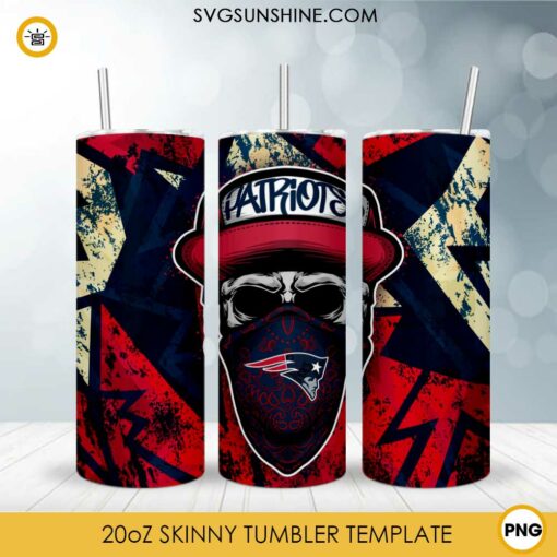 New England Patriots Skull Hat Bandana 20oz Skinny Tumbler Template Design PNG