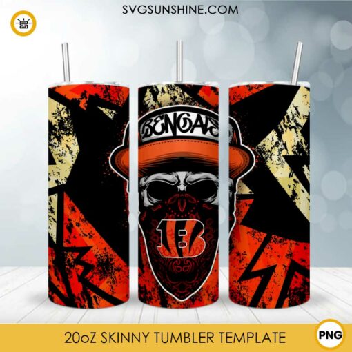 Cincinnati Bengals Skull Hat Bandana 20oz Skinny Tumbler Template Design PNG