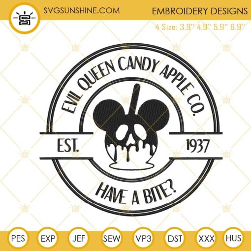 Evil Queen Candy Apple Co Embroidery Designs, Poison Apple Halloween Embroidery Files