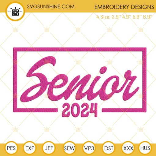 Senior 2024 Pink Embroidery Designs, Class Of 2024 School Embroidery Files