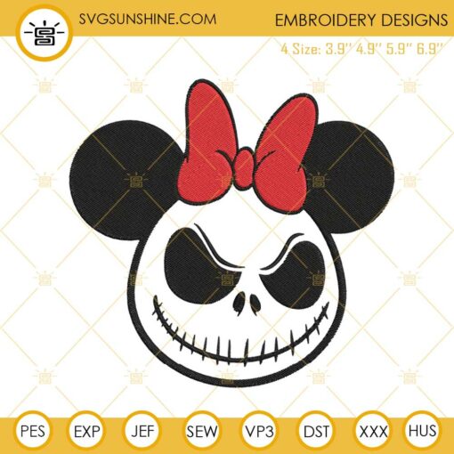 Minnie Head Jack Skellington Machine Embroidery Design, Disney Nightmare Before Christmas Embroidery Files