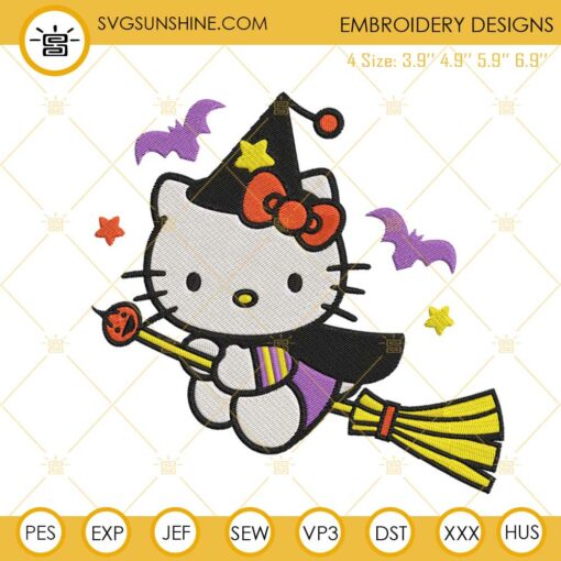 Hello Kitty Witch Riding A Broom Halloween Embroidery Design Files