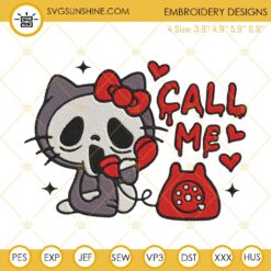 Hello Kitty Ghostface Call Me Embroidery Designs, Kitty Cat Halloween Embroidery Files