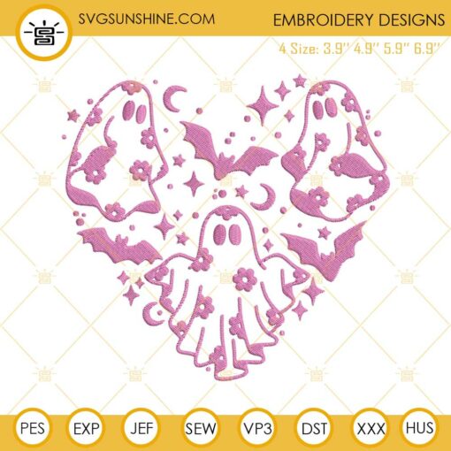 Spooky Ghost Heart Embroidery Designs, Pink Floral Ghost Embroidery Design Files