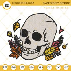Skull Autumn Leaves Embroidery Files, Halloween Skull Fall Embroidery Designs