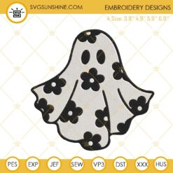 Floral Daisy Ghost Embroidery Files, Halloween Cute Ghost Embroidery Designs