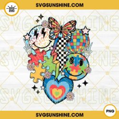 Autism Smiley Face PNG, Retro Autism Awareness PNG, Autism Awareness Month PNG, Autism Puzzle Pieces Heart PNG