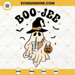 Boo Jee SVG, Cute Ghost With Coffee In Witch Hat SVG PNG DXF EPS Cut Files