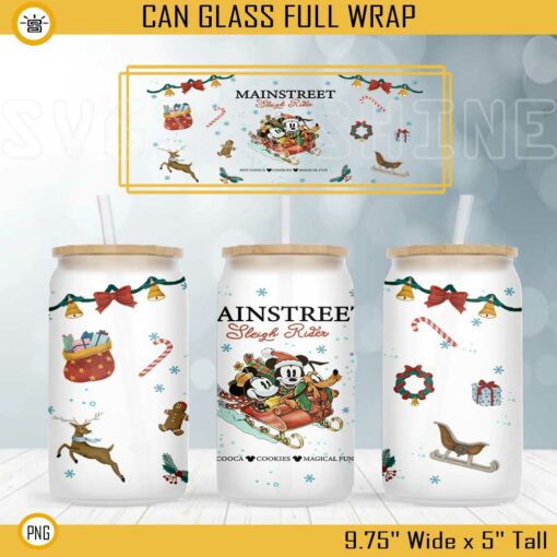 Mickey And Minnie Main Street Sleigh Rider 16oz Libbey Can Glass Wrap PNG, Disney Christmas Cup Wrap PNG Digital File Download