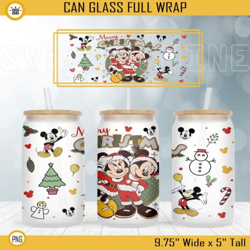 Mickey And Minnie Merry Christmas 16oz Libbey Can Glass Wrap PNG, Disney Christmas Cup Wrap PNG Digital File Download