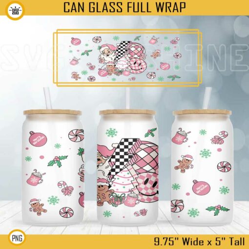 Pink Santa Claus Disco Ball 16oz Libbey Can Glass Wrap PNG, Christmas Tree Cakes Cup Wrap PNG Digital File Download