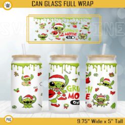 Stitch Grinch Mode On 16oz Libbey Can Glass Wrap PNG, Grinch Merry Christmas Cup Wrap PNG Digital File Download