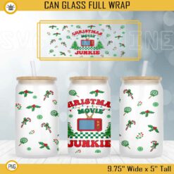 Christmas Movie Junkie 16oz Libbey Can Glass Wrap PNG, Christmas Candy Cup Wrap PNG Digital File Download