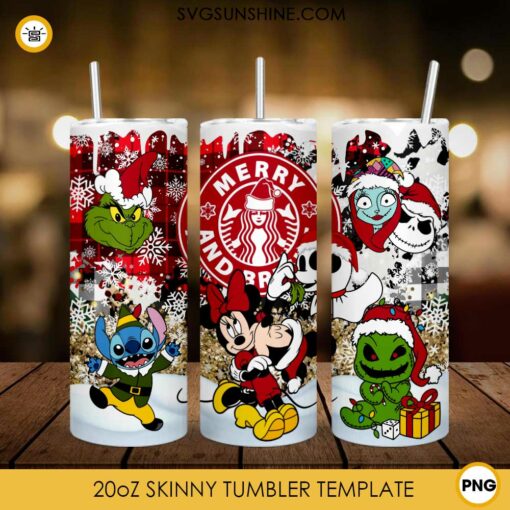 Grinch And Stitch Oogie Boogie Christmas Merry And Bright 20oz Tumbler Wrap PNG File