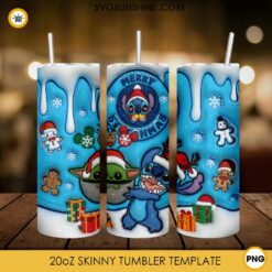 3D Puff Stitch And Baby Yoda Merry Christmas 20oz Tumbler Wrap PNG File