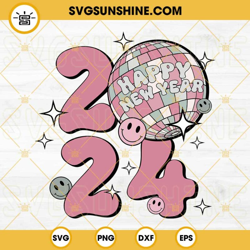 New Year 2024 SVG, Smile Face Disco Ball Happy New Year 2024 SVG PNG