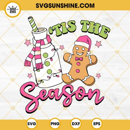 Gingerbread Tis The Season SVG, Gingerbread With Pink Santa Hat SVG