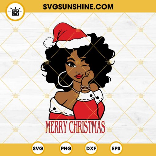 Afro Woman Santa Hat Merry Christmas SVG, Black Woman Christmas SVG PNG EPS DXF Files