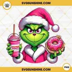 Pink Grinch Santa Claus With Dunkin’ Donuts PNG, Grinch Dunkin Donuts PNG