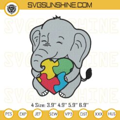 Autism Elephant Embroidery Design, Elephant Heart Puzzle Embroidery Files