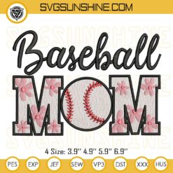 Baseball Mom Flowers Embroidery Design, Baseball Mom Embroidery Pattern