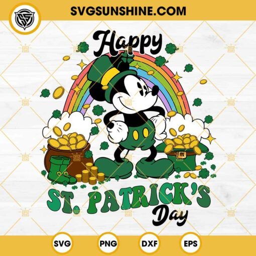 Mickey Mouse Happy St Patrick's Day SVG, Mickey Mouse Raibow Shamrock SVG