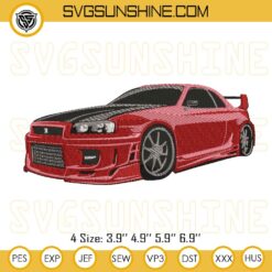 Red Nissan Skyline R34 GTR Embroidery Designs, Red Sport Car Embroidery Design Files
