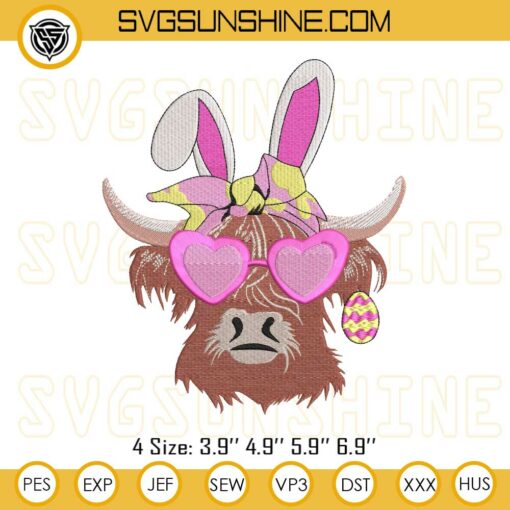 Easter Bunny Highland Cow Embroidery Designs, Highland Cow Pink Sunglasses Heart Embroidery Files