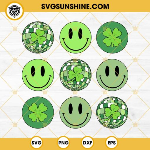 Smiley Face st Patricks Day SVG, Smiley Shamrock Disco Ball SVG PNG EPS DXF File