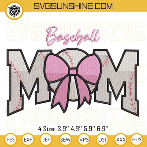 Baseball Mom Pink Bow Embroidery Design Files