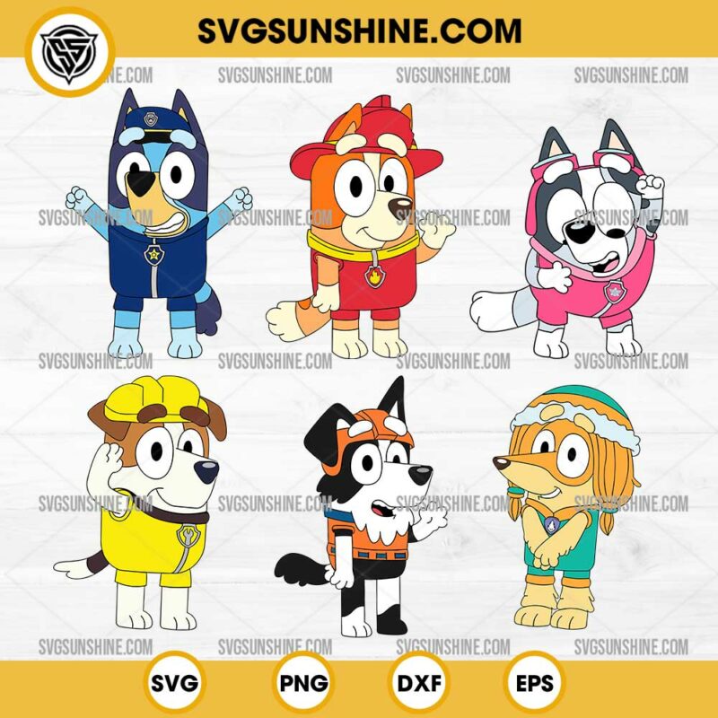 Bluey PAW Patrol SVG Bundle, Bluey Chase SVG, Bingo Marshall SVG, Muffin Skye SVG, Bluey Paw Patrol Characters SVG