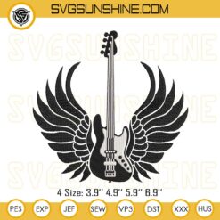 Electric Guitar Angel Wings Embroidery Designs, Bass Guitar Embroidery Files