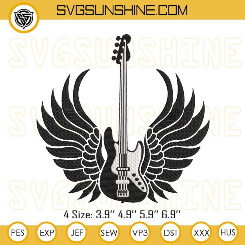 Electric Guitar Angel Wings Embroidery Designs, Bass Guitar Embroidery ...