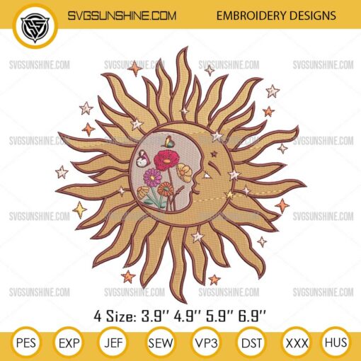 Moon And Sun Flowers Embroidery Designs, Sun Flowers Embroidery Files