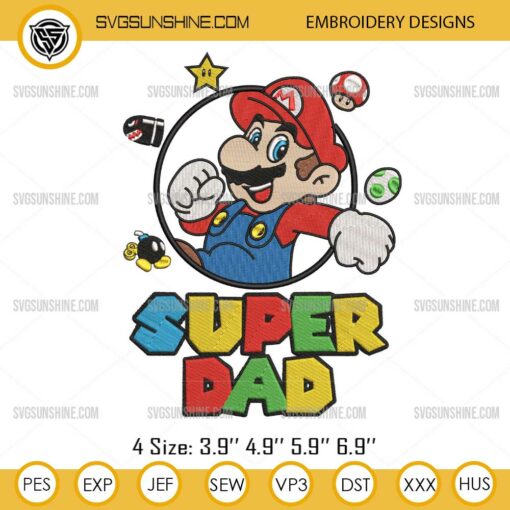 Super Mario Dad Embroidery Design, Mario Bros Super Dad Embroidery Files