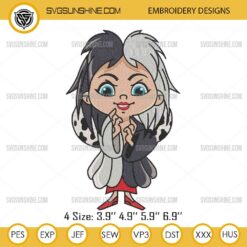 Chibi Cruella de Vil Embroidery Designs, Disney Villains Embroidery Files