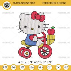 Hello Kitty Riding Bike Bicycle Embroidery Design, Hello Kitty Apple Embroidery Files
