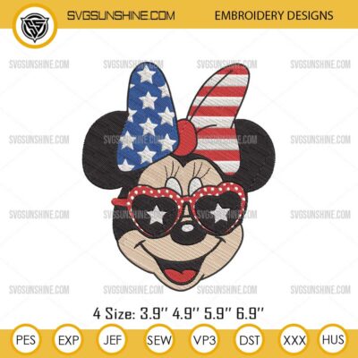4th Of July Patriotic Minnie Embroidery Design, Minnie Mouse Bow USA Flag Machine Embroidery Designs