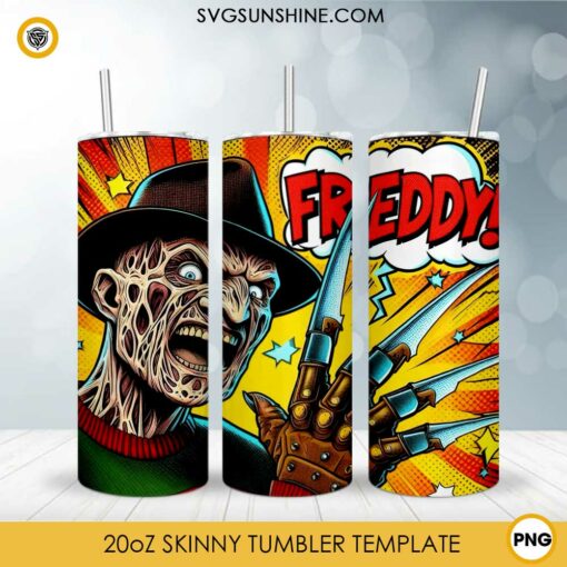 Freddy Krueger Comics 20oz Tumbler Template PNG, Halloween Freddy Krueger 20oz Tumbler Wrap PNG File