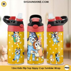 Bluey And Bingo Birthday 12oz Kids Flip Top Sippy Cup Tumbler Wrap PNG File