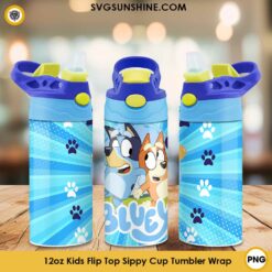 Bluey And Bingo Dog Paw 12oz Kids Flip Top Sippy Cup Tumbler Wrap PNG File